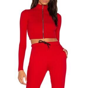 Cotton Citizen Ibiza Turtleneck Top Cherry Red Cropped Full Zip Ribbed SZ L